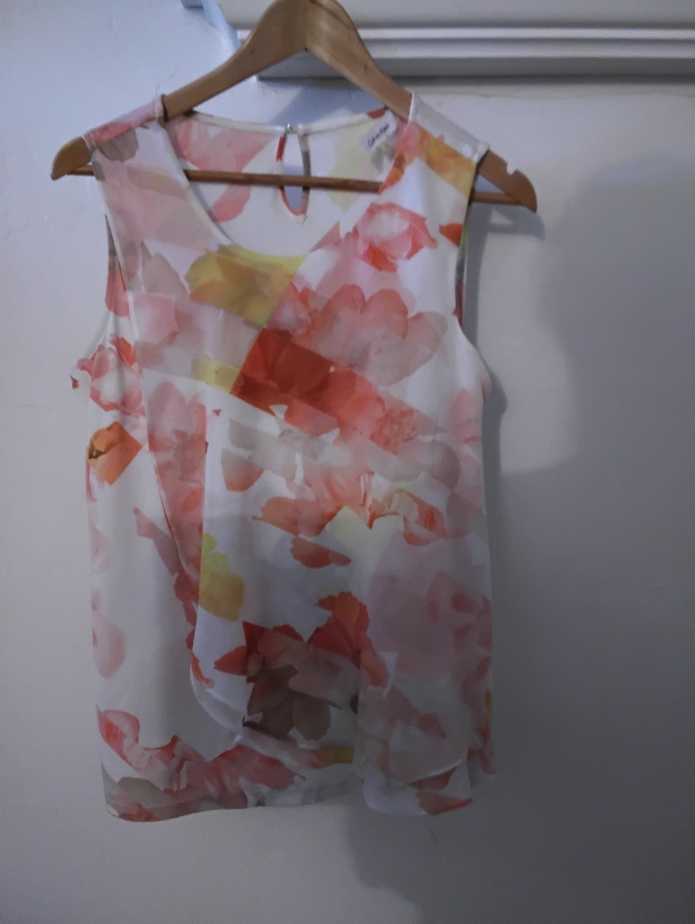 Calvin Klein White Sleeveless Camisole with Coral and Yellow Floral Wash